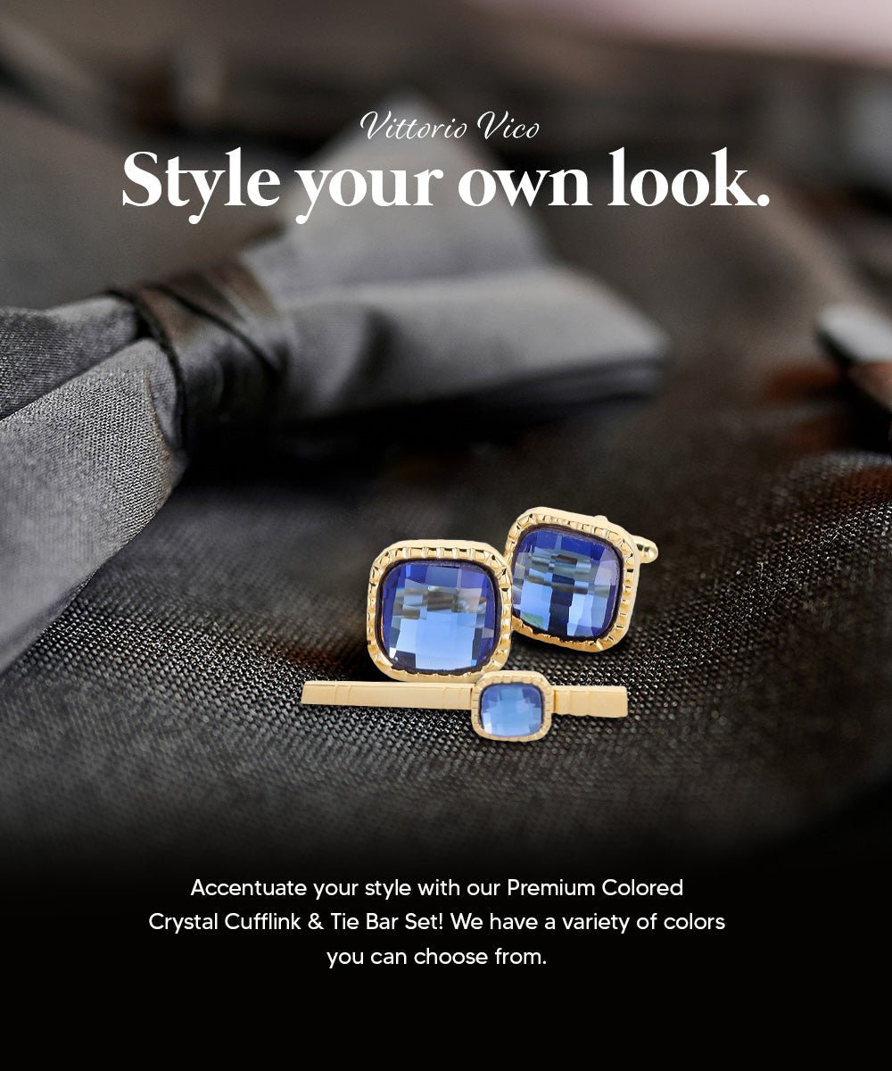 Vittorio Vico Men's Colored Crystal Cufflink & Tie Bar Set in Gift Box - Clear and Gold - Cufflink & Tiebar Set - Vittorio Vico