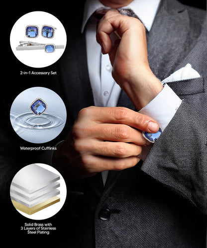 Vittorio Vico Men's Colored Crystal Cufflink & Tie Bar Set in Gift Box - Clear and Gold - Cufflink & Tiebar Set - Vittorio Vico