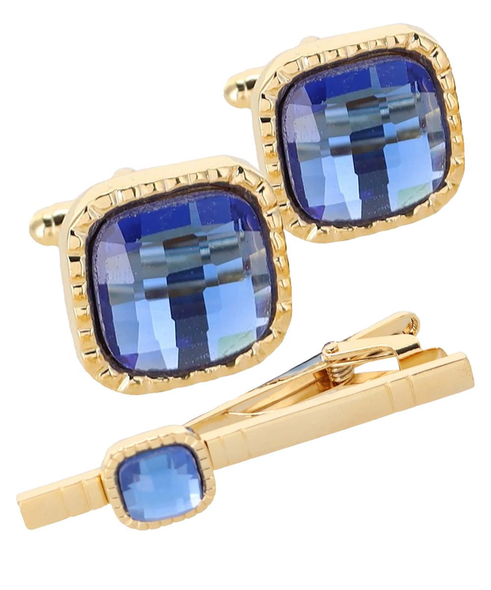 Vittorio Vico Men's Colored Crystal Cufflink & Tie Bar Set in Gift Box - Blue and Gold - Cufflink & Tiebar Set - Vittorio Vico