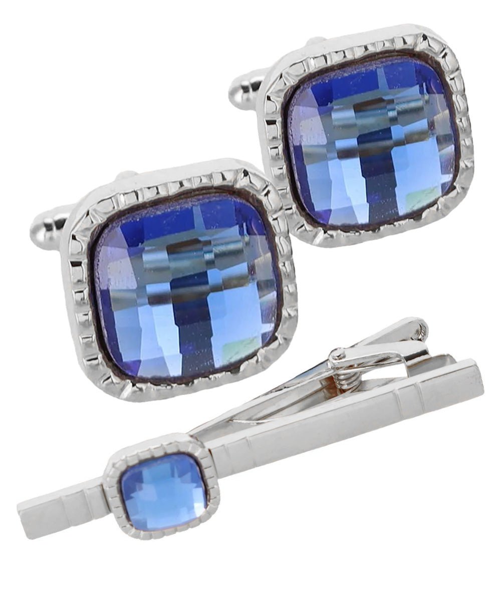 Vittorio Vico Men's Colored Crystal Cufflink & Tie Bar Set in Gift Box - Clear and Gold - Cufflink & Tiebar Set - Vittorio Vico