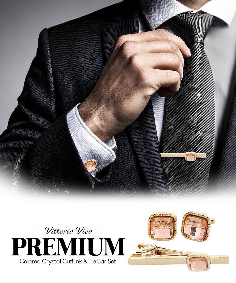 Vittorio Vico Men's Colored Crystal Cufflink & Tie Bar Set in Gift Box - Blush and Gold - Cufflink & Tiebar Set - Vittorio Vico