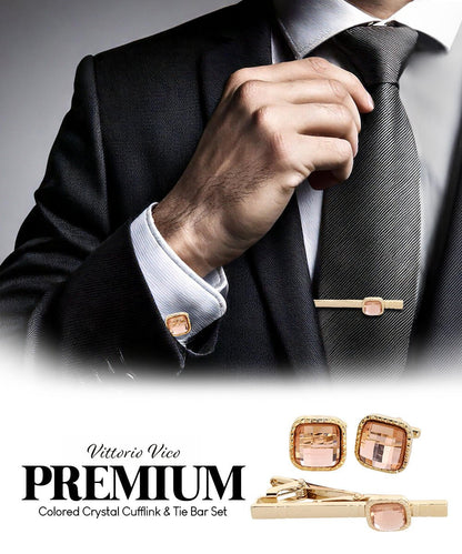 Vittorio Vico Men's Colored Crystal Cufflink & Tie Bar Set in Gift Box - Blush and Gold - Cufflink & Tiebar Set - Vittorio Vico