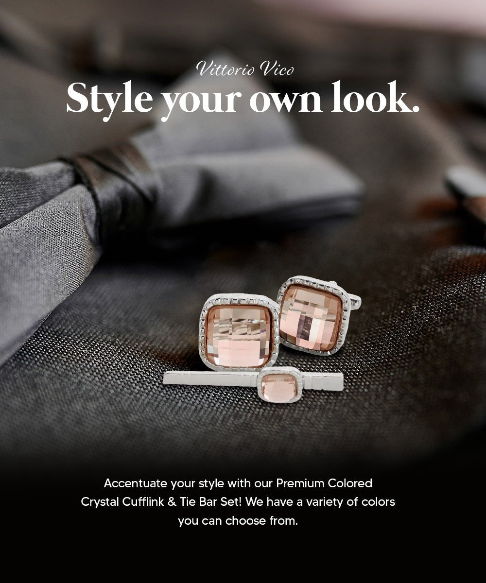 Vittorio Vico Men's Colored Crystal Cufflink & Tie Bar Set in Gift Box - Blush and Gold - Cufflink & Tiebar Set - Vittorio Vico