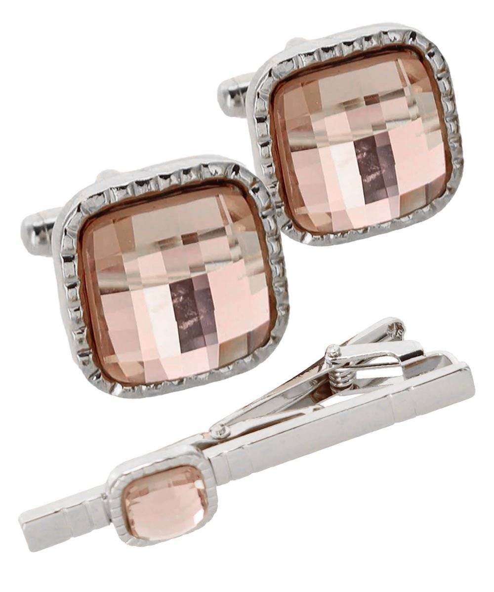 Vittorio Vico Men's Colored Crystal Cufflink & Tie Bar Set in Gift Box - Blush and Gold - Cufflink & Tiebar Set - Vittorio Vico