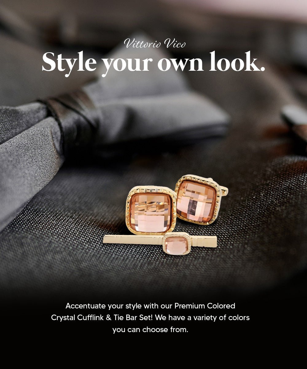 Vittorio Vico Men's Colored Crystal Cufflink & Tie Bar Set in Gift Box - Blush and Gold - Cufflink & Tiebar Set - Vittorio Vico
