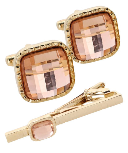Vittorio Vico Men's Colored Crystal Cufflink & Tie Bar Set in Gift Box - Blush and Gold - Cufflink & Tiebar Set - Vittorio Vico