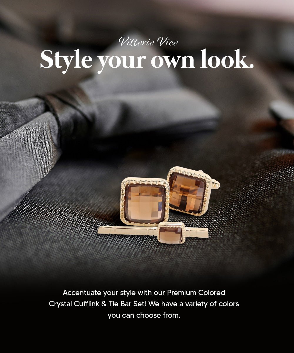 Vittorio Vico Men's Colored Crystal Cufflink & Tie Bar Set in Gift Box - Brown and Gold - Cufflink & Tiebar Set - Vittorio Vico