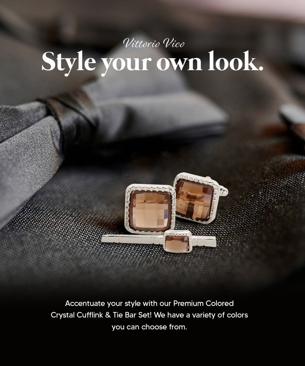 Vittorio Vico Men's Colored Crystal Cufflink & Tie Bar Set in Gift Box - Brown and Gold - Cufflink & Tiebar Set - Vittorio Vico