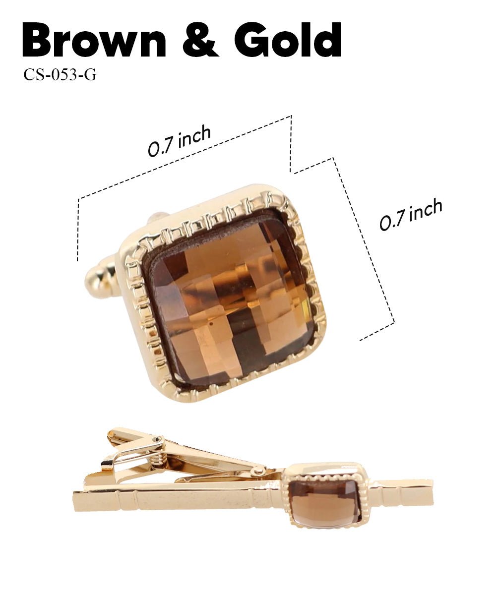 Vittorio Vico Men's Colored Crystal Cufflink & Tie Bar Set in Gift Box - Brown and Gold - Cufflink & Tiebar Set - Vittorio Vico