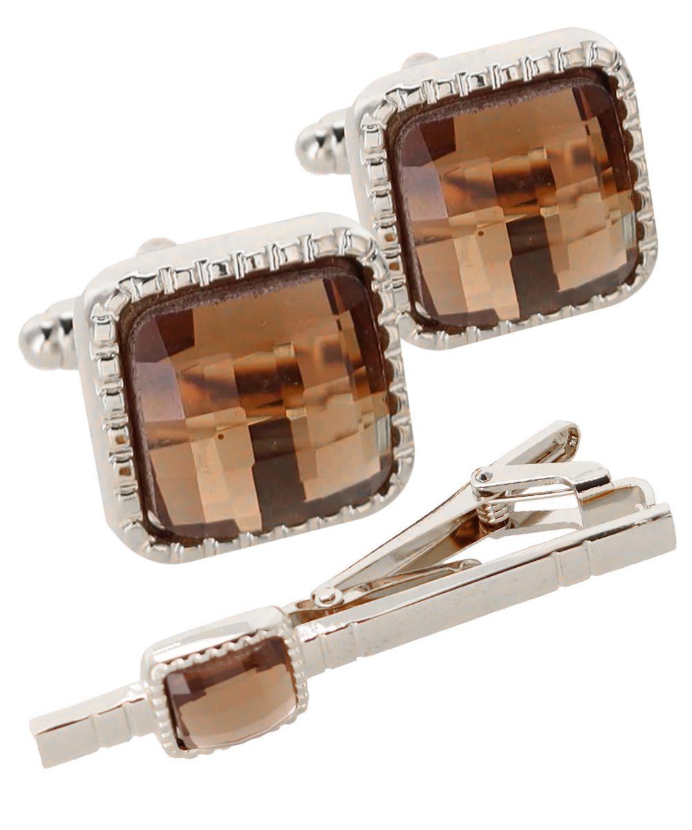 Vittorio Vico Men's Colored Crystal Cufflink & Tie Bar Set in Gift Box - Brown and Gold - Cufflink & Tiebar Set - Vittorio Vico