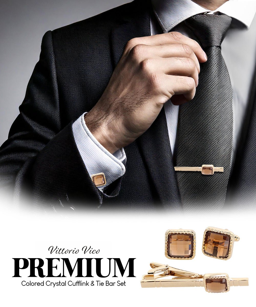 Vittorio Vico Men's Colored Crystal Cufflink & Tie Bar Set in Gift Box - Brown and Gold - Cufflink & Tiebar Set - Vittorio Vico