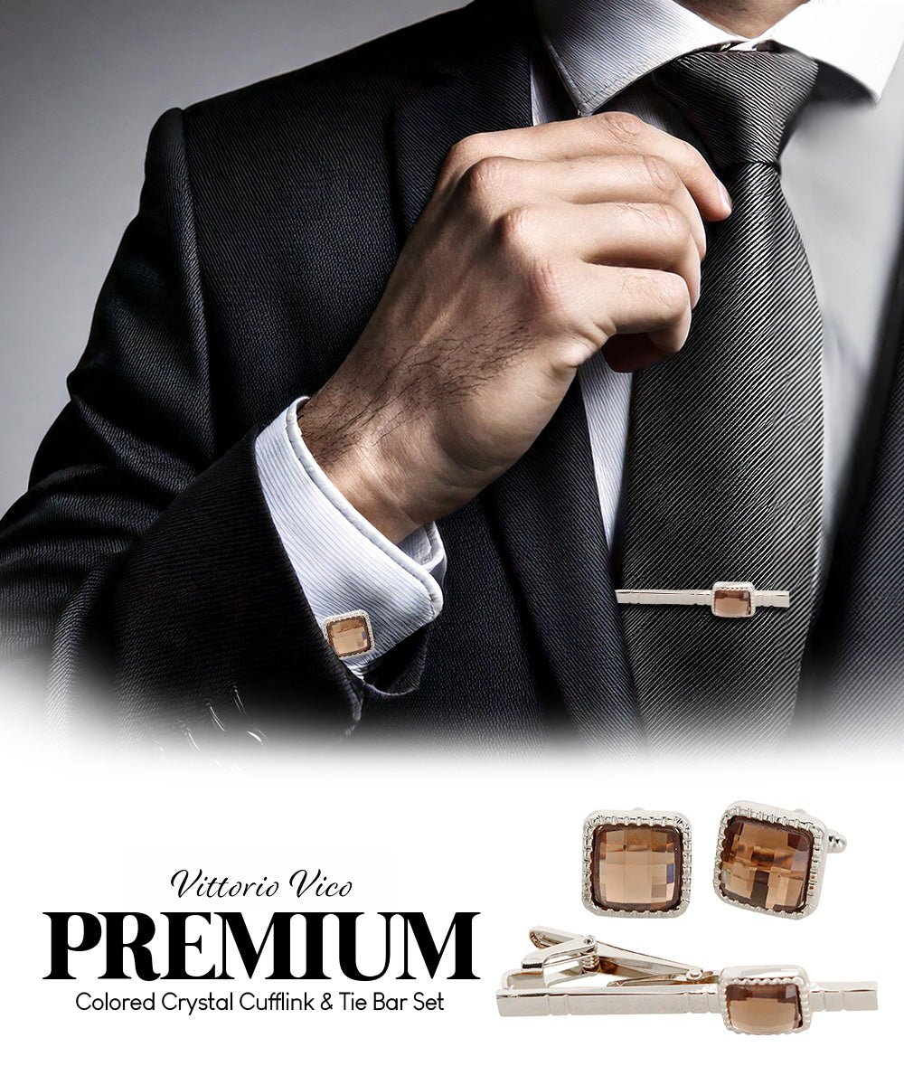 Vittorio Vico Men's Colored Crystal Cufflink & Tie Bar Set in Gift Box - Brown and Gold - Cufflink & Tiebar Set - Vittorio Vico