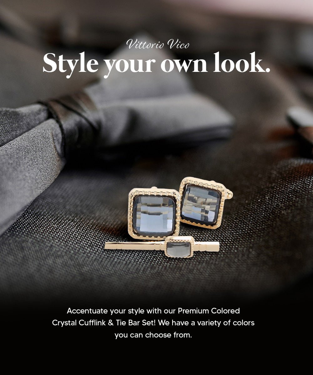 Vittorio Vico Men's Colored Crystal Cufflink & Tie Bar Set in Gift Box - Charcoal and Gold - Cufflink & Tiebar Set - Vittorio Vico