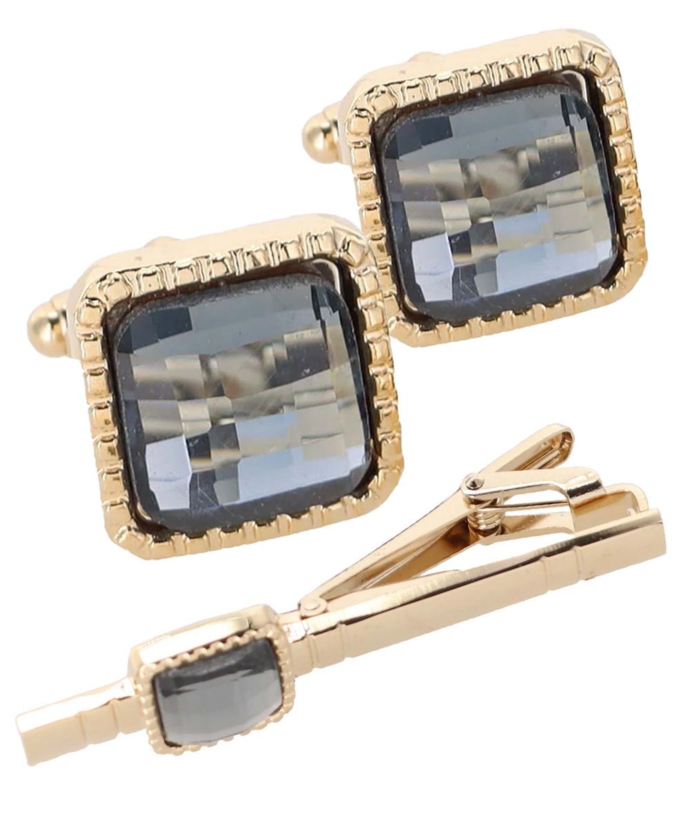 Vittorio Vico Men's Colored Crystal Cufflink & Tie Bar Set in Gift Box - Charcoal and Gold - Cufflink & Tiebar Set - Vittorio Vico