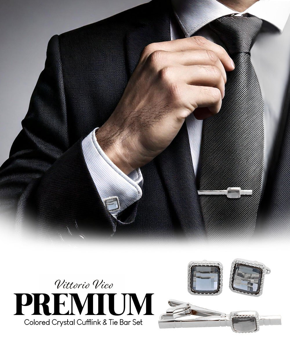 Vittorio Vico Men's Colored Crystal Cufflink & Tie Bar Set in Gift Box - Charcoal and Silver - Cufflink & Tiebar Set - Vittorio Vico