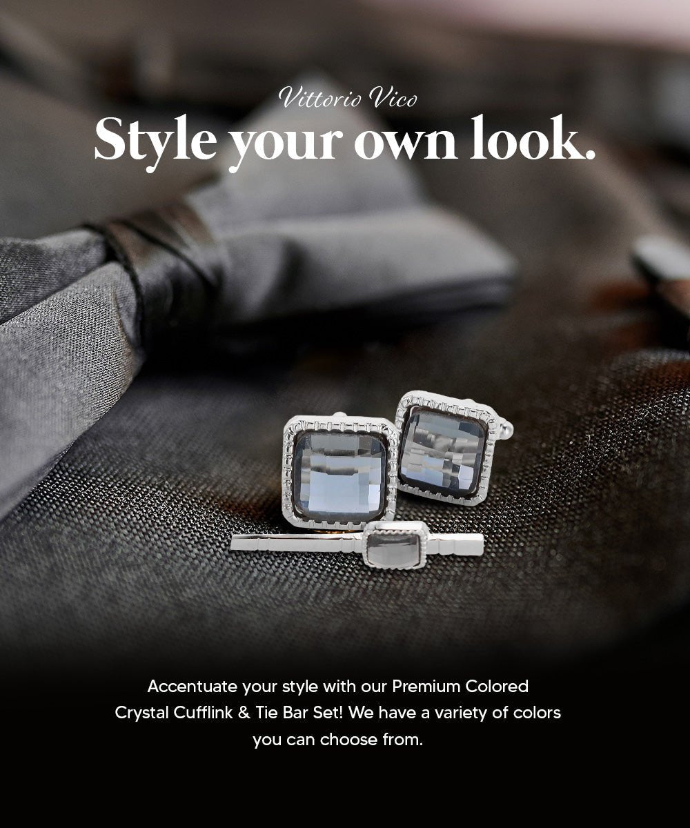 Vittorio Vico Men's Colored Crystal Cufflink & Tie Bar Set in Gift Box - Charcoal and Silver - Cufflink & Tiebar Set - Vittorio Vico