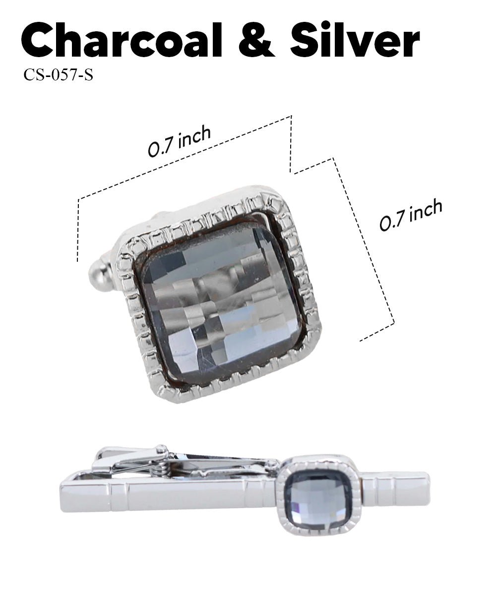 Vittorio Vico Men's Colored Crystal Cufflink & Tie Bar Set in Gift Box - Charcoal and Silver - Cufflink & Tiebar Set - Vittorio Vico
