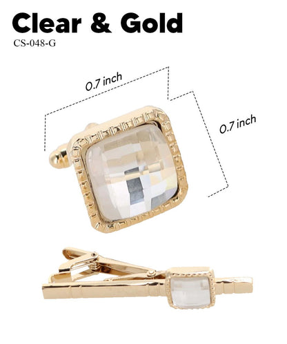 Vittorio Vico Men's Colored Crystal Cufflink & Tie Bar Set in Gift Box - Clear and Gold - Cufflink & Tiebar Set - Vittorio Vico