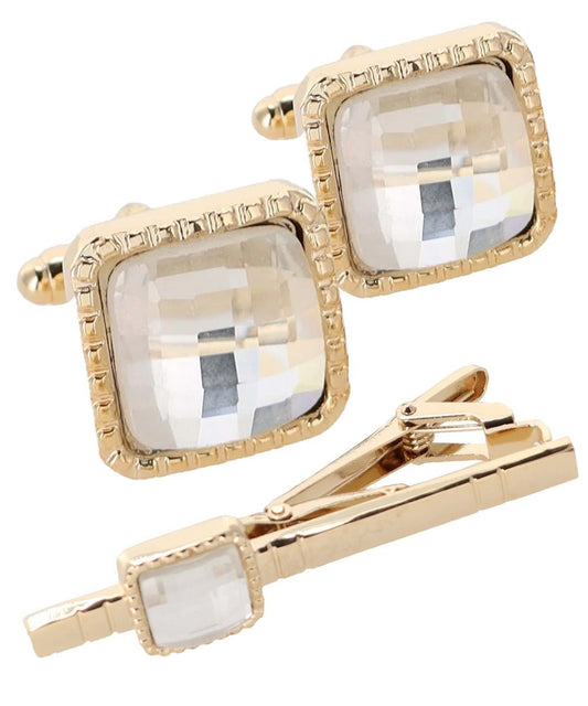 Vittorio Vico Men's Colored Crystal Cufflink & Tie Bar Set in Gift Box - Clear and Gold - Cufflink & Tiebar Set - Vittorio Vico