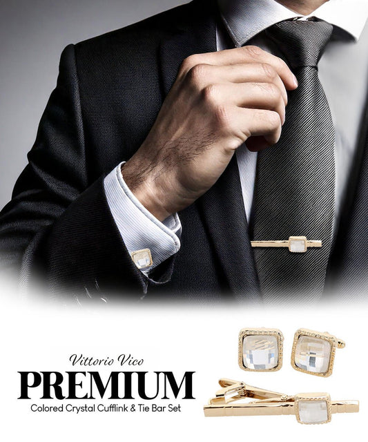 Vittorio Vico Men's Colored Crystal Cufflink & Tie Bar Set in Gift Box - Clear and Gold - Cufflink & Tiebar Set - Vittorio Vico