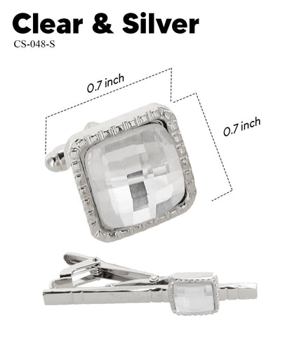 Vittorio Vico Men's Colored Crystal Cufflink & Tie Bar Set in Gift Box - Clear and Silver - Cufflink & Tiebar Set - Vittorio Vico