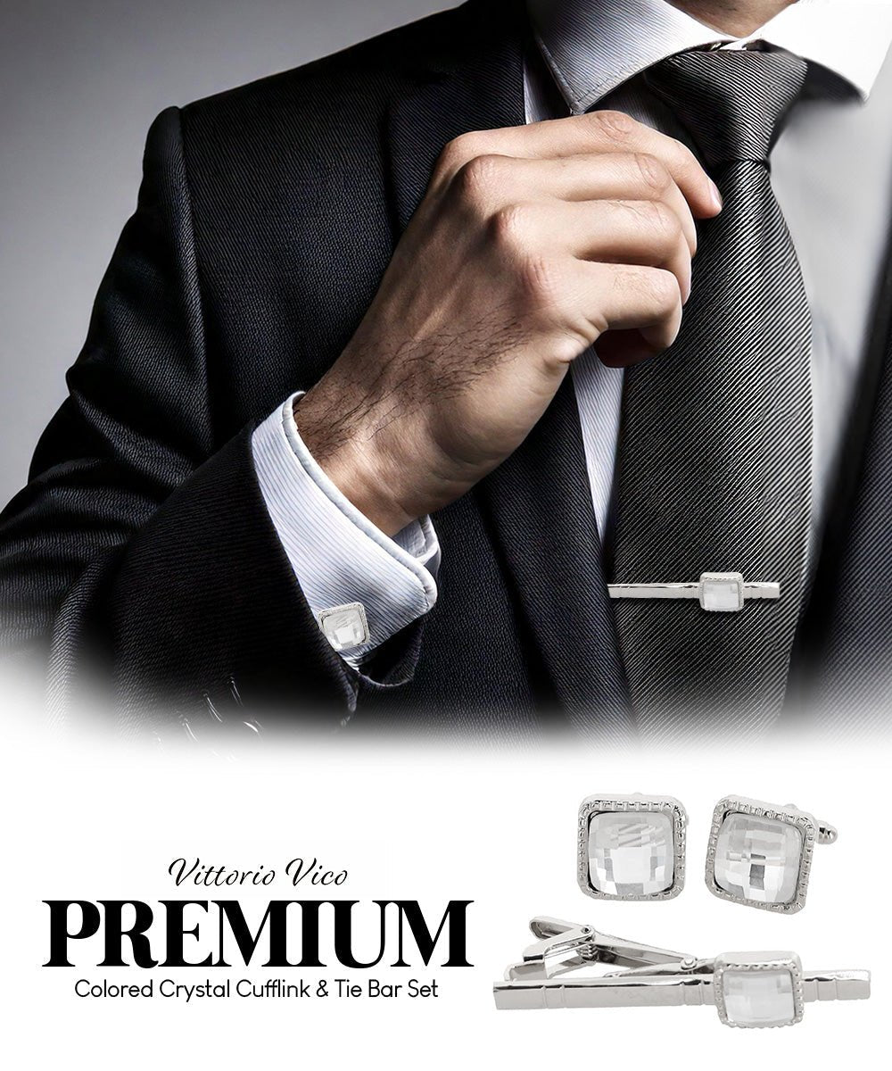 Vittorio Vico Men's Colored Crystal Cufflink & Tie Bar Set in Gift Box - Clear and Silver - Cufflink & Tiebar Set - Vittorio Vico