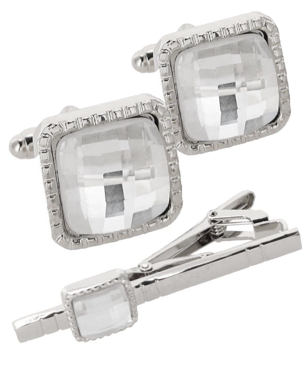Vittorio Vico Men's Colored Crystal Cufflink & Tie Bar Set in Gift Box - Clear and Silver - Cufflink & Tiebar Set - Vittorio Vico