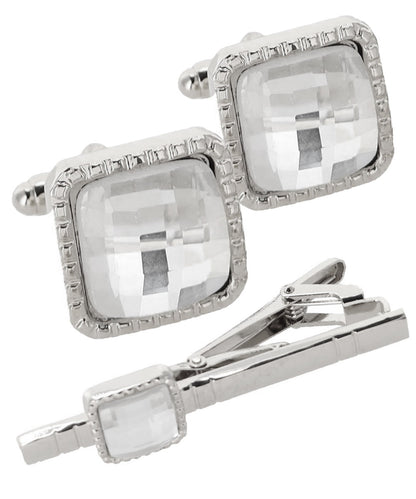 Vittorio Vico Men's Colored Crystal Cufflink & Tie Bar Set in Gift Box - Clear and Silver - Cufflink & Tiebar Set - Vittorio Vico