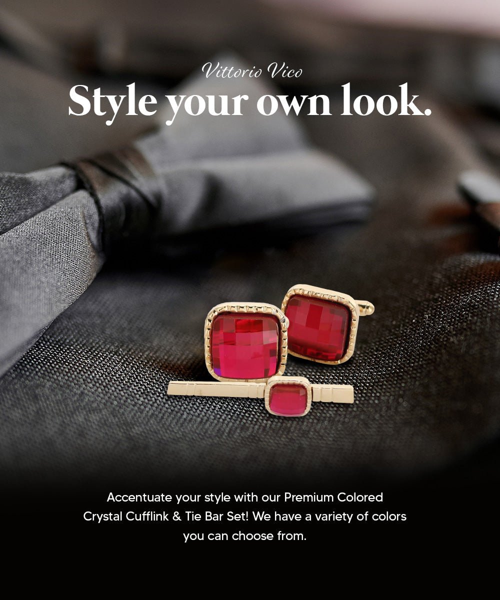 Vittorio Vico Men's Colored Crystal Cufflink & Tie Bar Set in Gift Box - Red and Silver - Cufflink & Tiebar Set - Vittorio Vico