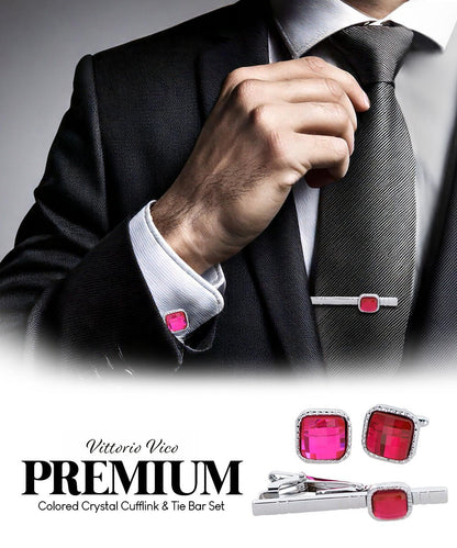 Vittorio Vico Men's Colored Crystal Cufflink & Tie Bar Set in Gift Box - Hot Pink and Silver - Cufflink & Tiebar Set - Vittorio Vico