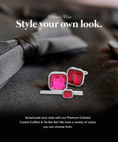 Vittorio Vico Men's Colored Crystal Cufflink & Tie Bar Set in Gift Box - Hot Pink and Gold - Cufflink & Tiebar Set - Vittorio Vico