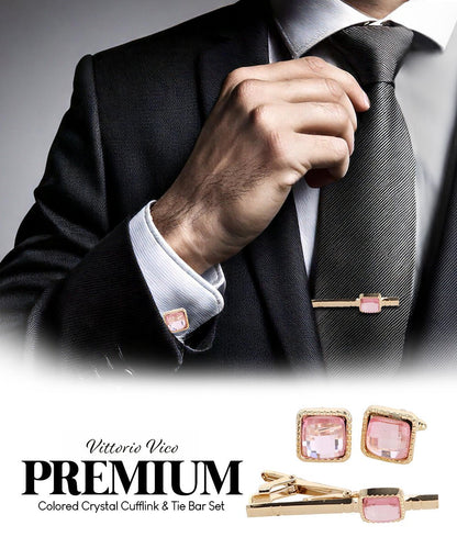Vittorio Vico Men's Colored Crystal Cufflink & Tie Bar Set in Gift Box - Pink and Gold - Cufflink & Tiebar Set - Vittorio Vico