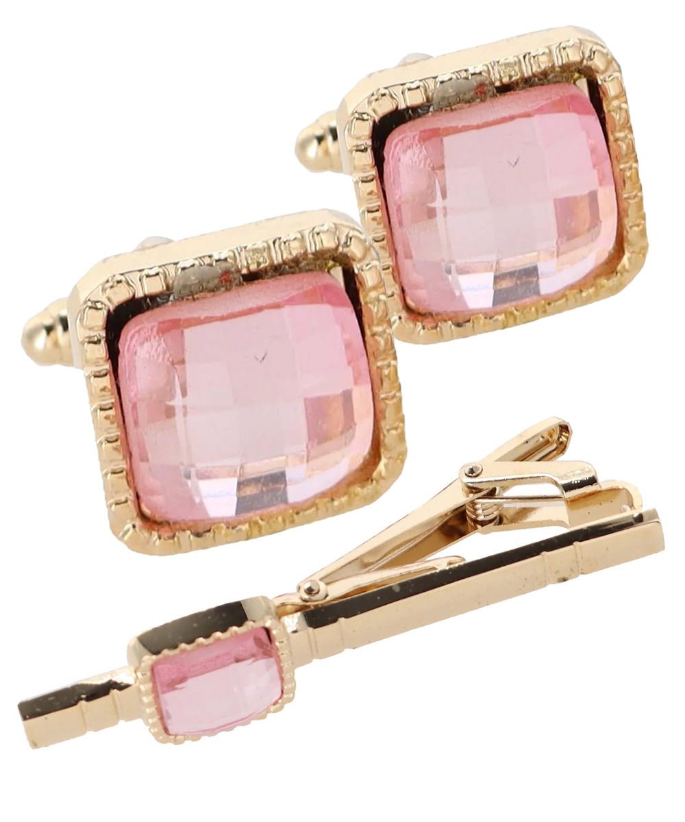 Vittorio Vico Men's Colored Crystal Cufflink & Tie Bar Set in Gift Box - Pink and Gold - Cufflink & Tiebar Set - Vittorio Vico