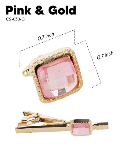 Vittorio Vico Men's Colored Crystal Cufflink & Tie Bar Set in Gift Box - Pink and Gold - Cufflink & Tiebar Set - Vittorio Vico