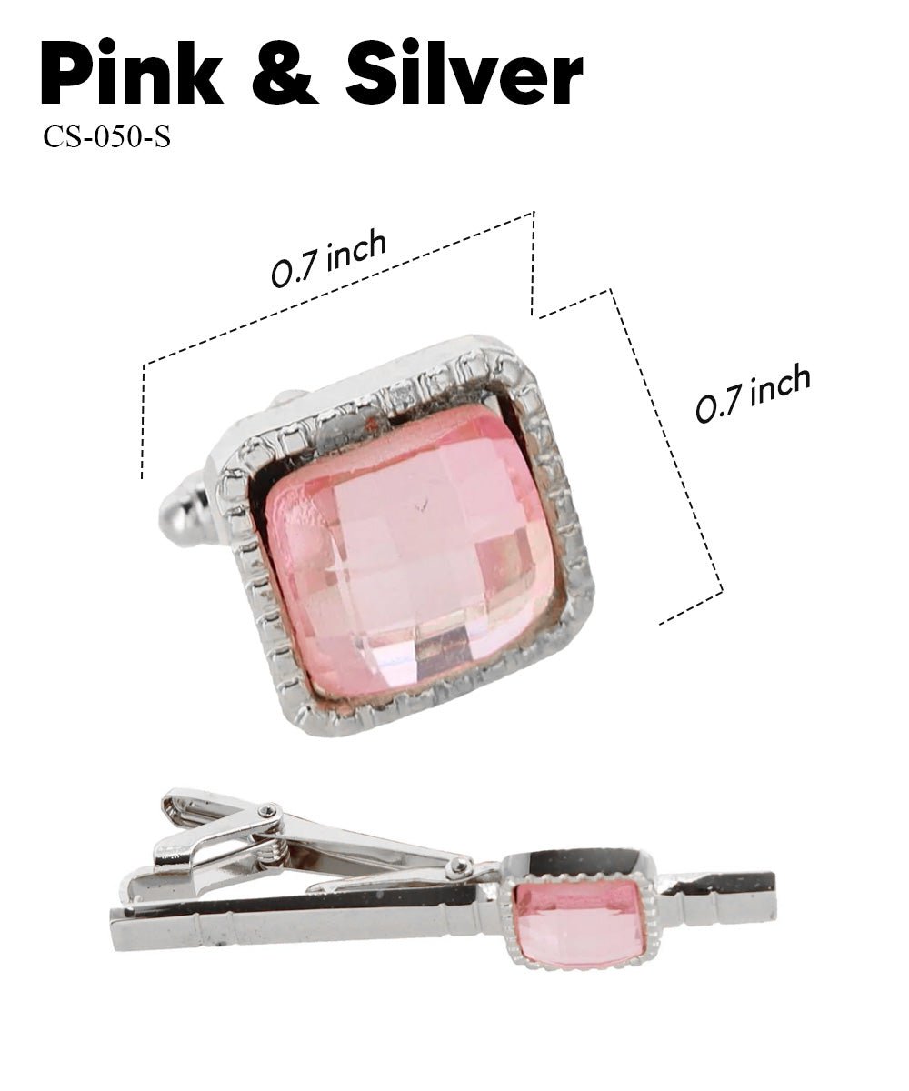 Vittorio Vico Men's Colored Crystal Cufflink & Tie Bar Set in Gift Box - Pink and Silver - Cufflink & Tiebar Set - Vittorio Vico