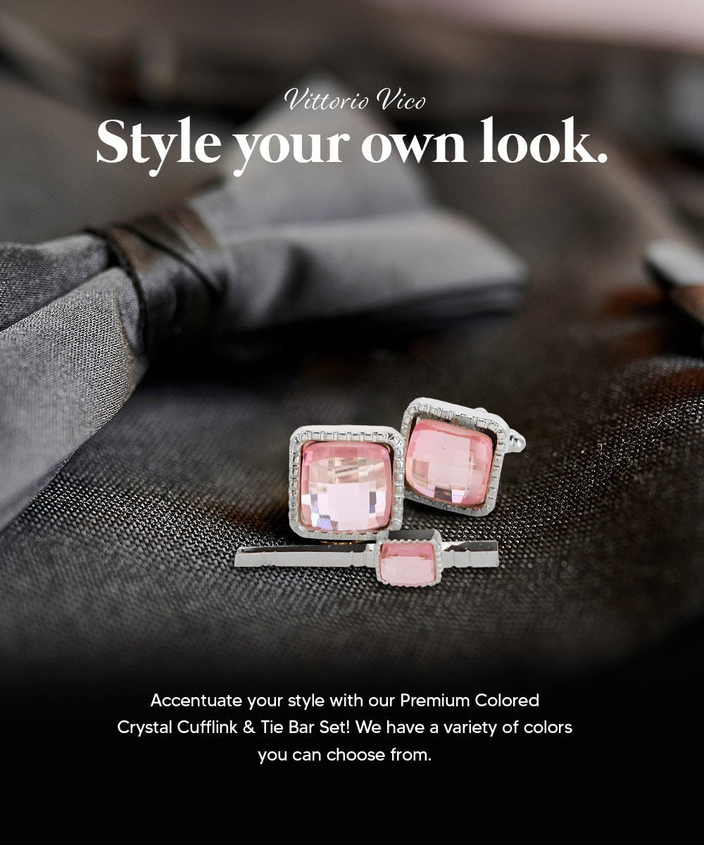 Vittorio Vico Men's Colored Crystal Cufflink & Tie Bar Set in Gift Box - Clear and Gold - Cufflink & Tiebar Set - Vittorio Vico