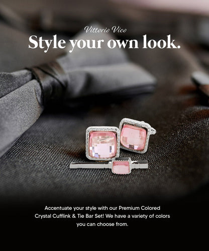 Vittorio Vico Men's Colored Crystal Cufflink & Tie Bar Set in Gift Box - Clear and Gold - Cufflink & Tiebar Set - Vittorio Vico