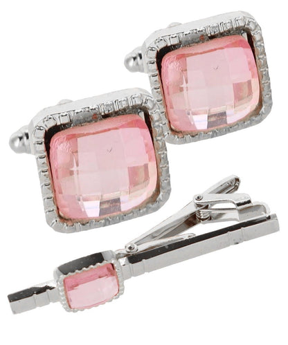 Vittorio Vico Men's Colored Crystal Cufflink & Tie Bar Set in Gift Box - Pink and Silver - Cufflink & Tiebar Set - Vittorio Vico