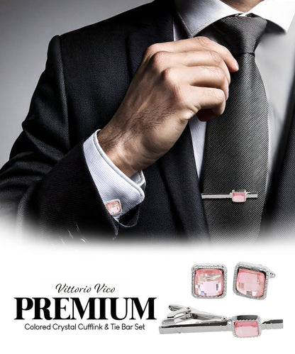Vittorio Vico Men's Colored Crystal Cufflink & Tie Bar Set in Gift Box - Pink and Silver - Cufflink & Tiebar Set - Vittorio Vico