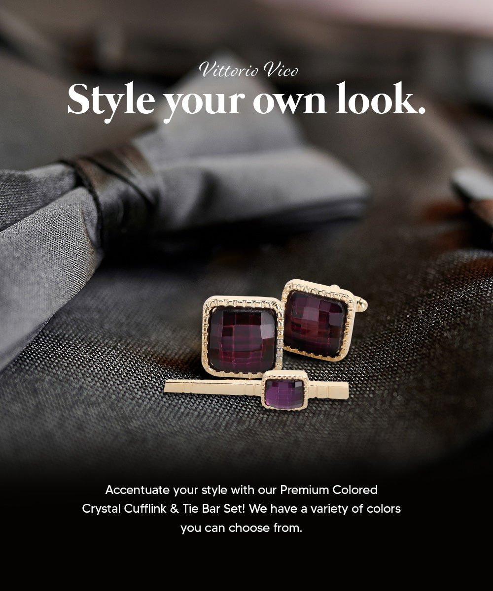 Vittorio Vico Men's Colored Crystal Cufflink & Tie Bar Set in Gift Box - Purple and Gold - Cufflink & Tiebar Set - Vittorio Vico