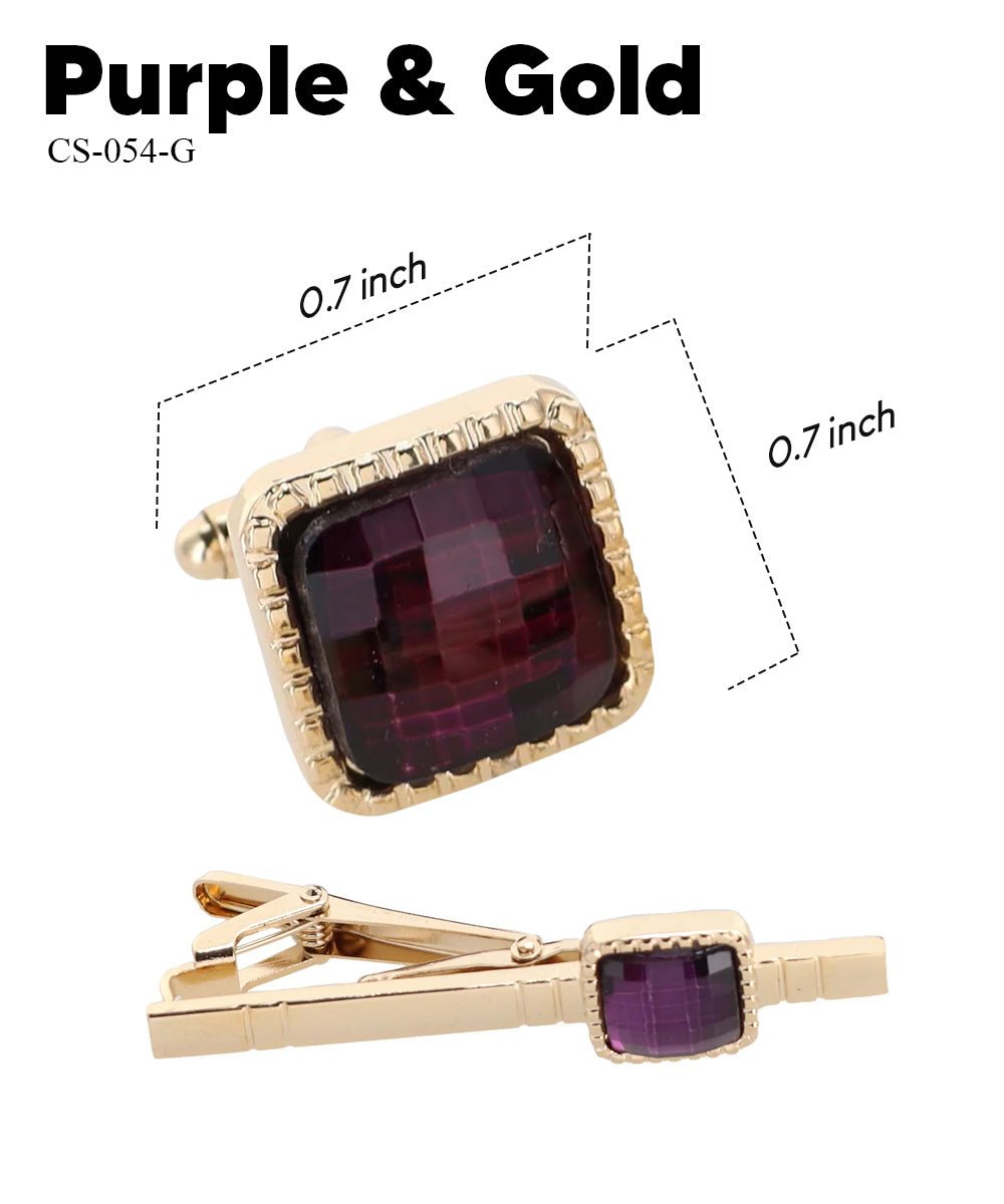 Vittorio Vico Men's Colored Crystal Cufflink & Tie Bar Set in Gift Box - Purple and Gold - Cufflink & Tiebar Set - Vittorio Vico