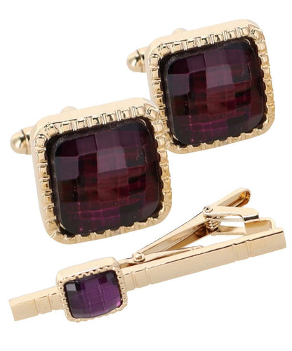Vittorio Vico Men's Colored Crystal Cufflink & Tie Bar Set in Gift Box - Purple and Gold - Cufflink & Tiebar Set - Vittorio Vico