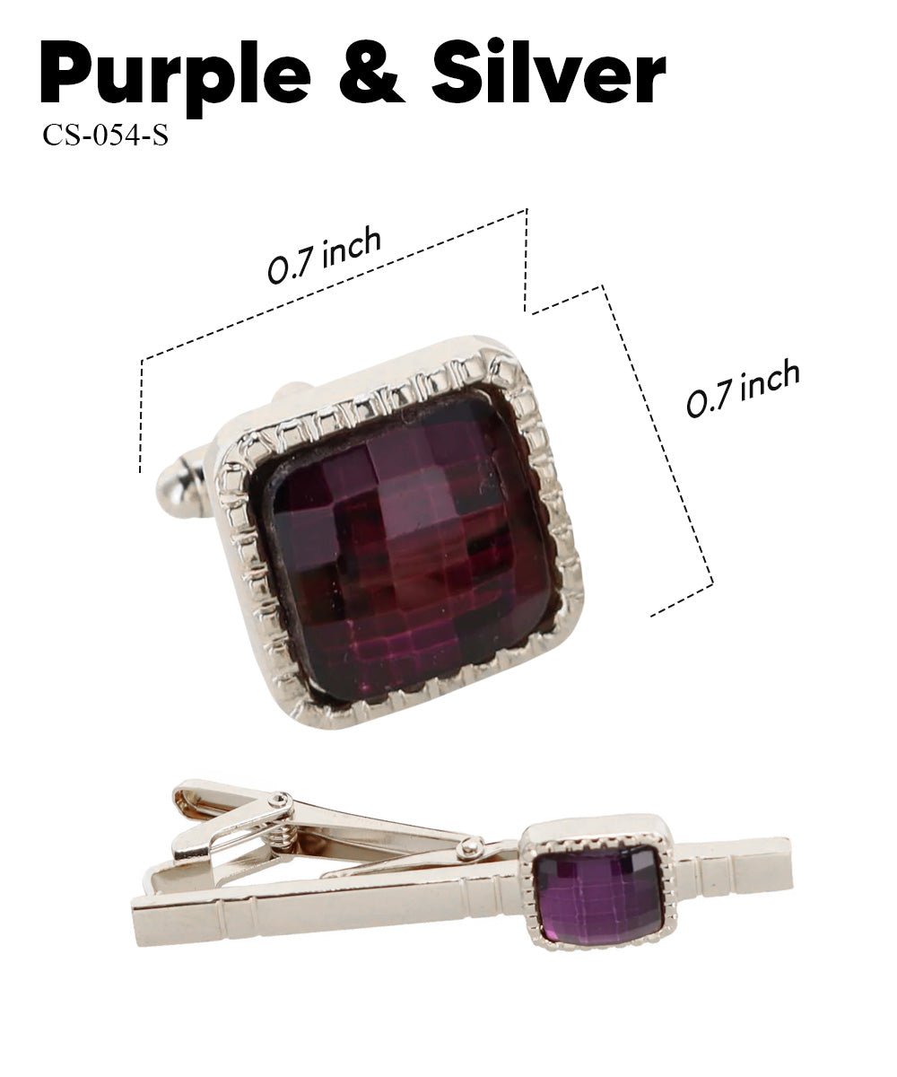 Vittorio Vico Men's Colored Crystal Cufflink & Tie Bar Set in Gift Box - Purple and Silver - Cufflink & Tiebar Set - Vittorio Vico