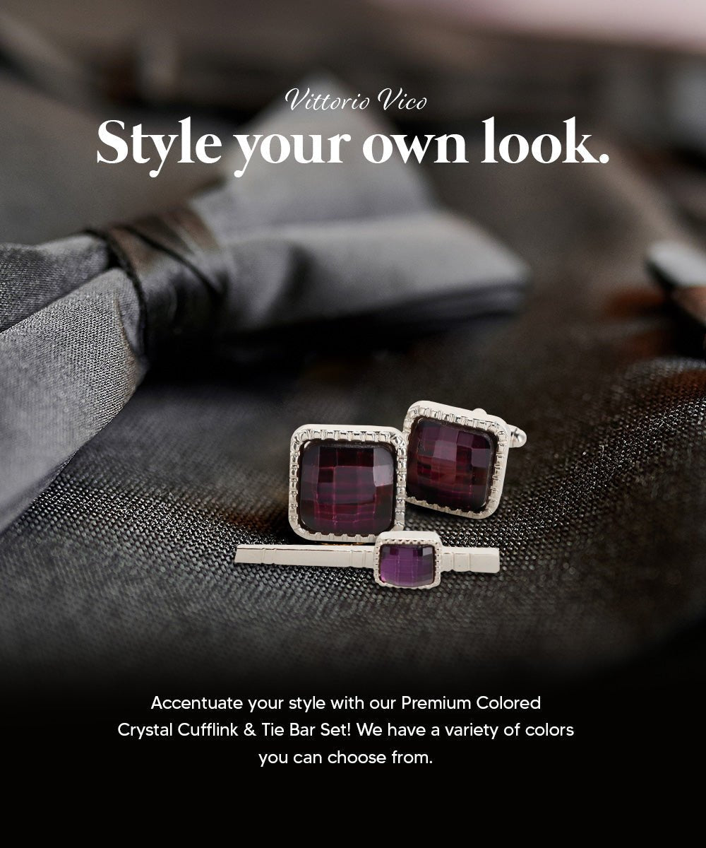 Vittorio Vico Men's Colored Crystal Cufflink & Tie Bar Set in Gift Box - Purple and Silver - Cufflink & Tiebar Set - Vittorio Vico