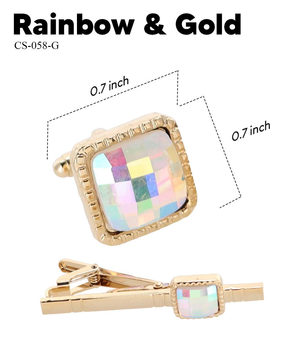 Vittorio Vico Men's Colored Crystal Cufflink & Tie Bar Set in Gift Box - Rainbow and Gold - Cufflink & Tiebar Set - Vittorio Vico