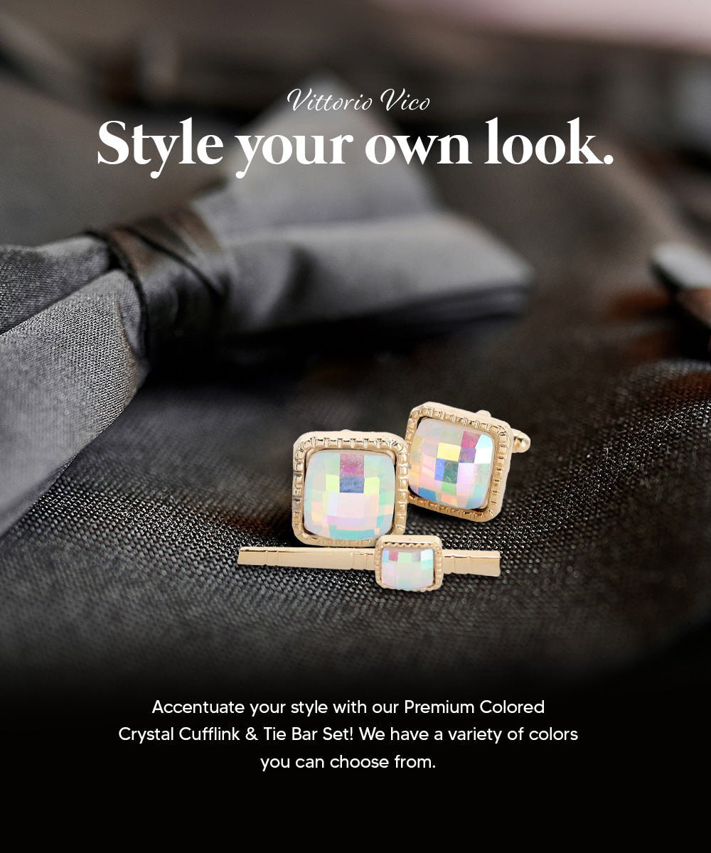 Vittorio Vico Men's Colored Crystal Cufflink & Tie Bar Set in Gift Box - Rainbow and Gold - Cufflink & Tiebar Set - Vittorio Vico