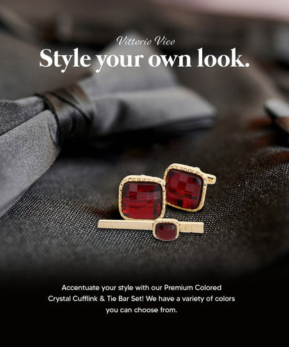Vittorio Vico Men's Colored Crystal Cufflink & Tie Bar Set in Gift Box - Red and Gold - Cufflink & Tiebar Set - Vittorio Vico