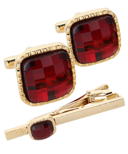 Vittorio Vico Men's Colored Crystal Cufflink & Tie Bar Set in Gift Box - Red and Gold - Cufflink & Tiebar Set - Vittorio Vico