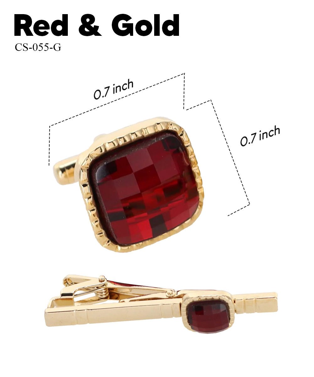 Vittorio Vico Men's Colored Crystal Cufflink & Tie Bar Set in Gift Box - Red and Gold - Cufflink & Tiebar Set - Vittorio Vico