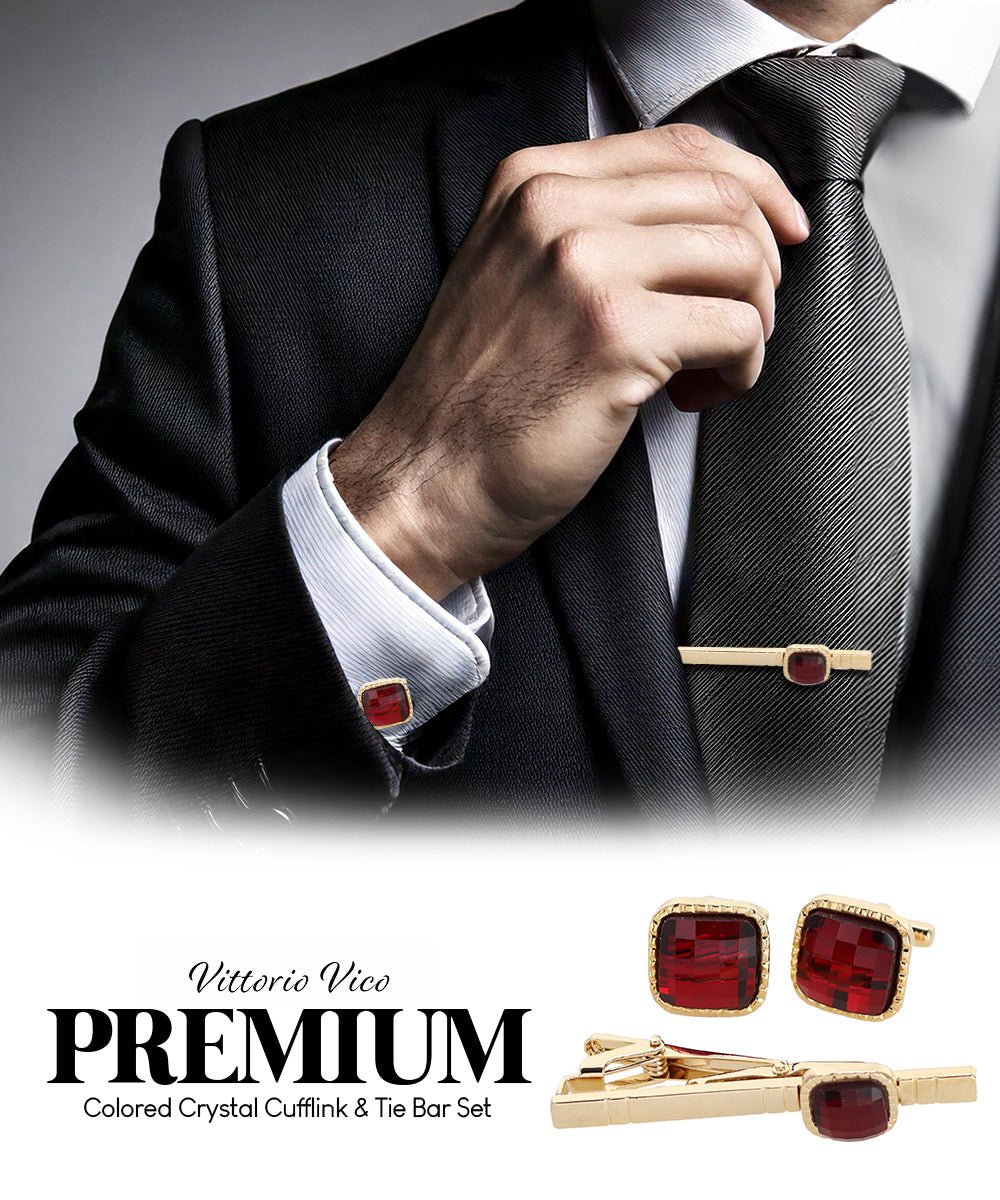 Vittorio Vico Men's Colored Crystal Cufflink & Tie Bar Set in Gift Box - Red and Gold - Cufflink & Tiebar Set - Vittorio Vico